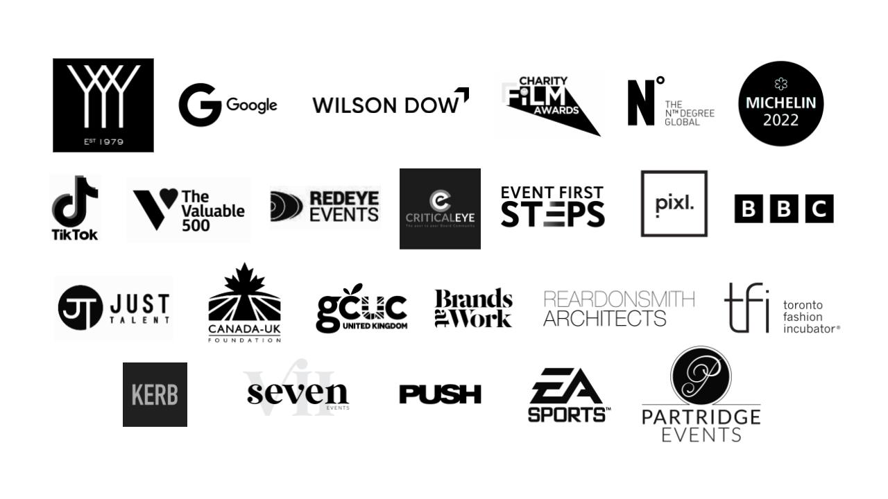 Logos of brands DRGNFLY has worked with, including Google, BBC, TikTok, EA Sports, Michelin, Criticaleye, The Nth Degree, Wilson Dow and more