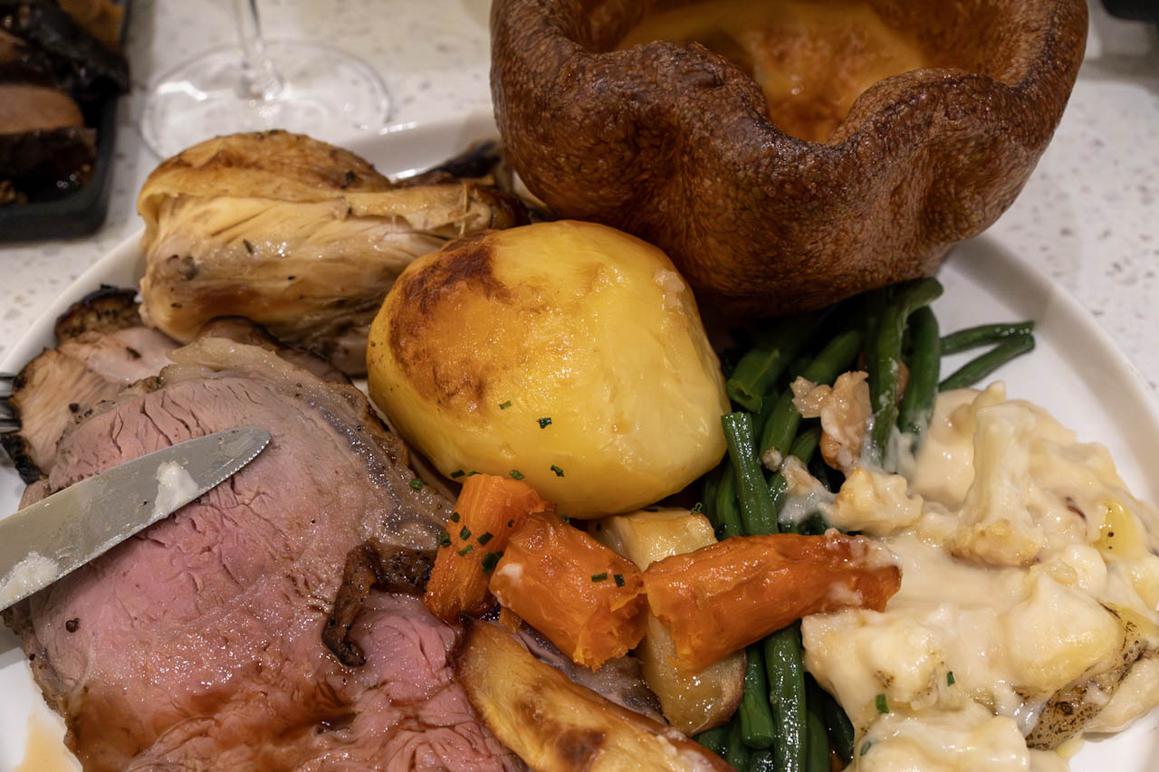Roast beef with Yorkshire pudding and vegetables for lunch
